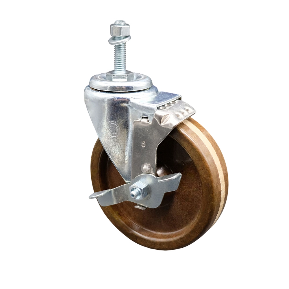 SCC-TS20S514-PHSHT-TLB-M1015 High Temperature Phenolic Swivel Threaded Stem Caster 5 x 1.25 in. Brown Wheel & 10 mm Stem & Top Locking Brake