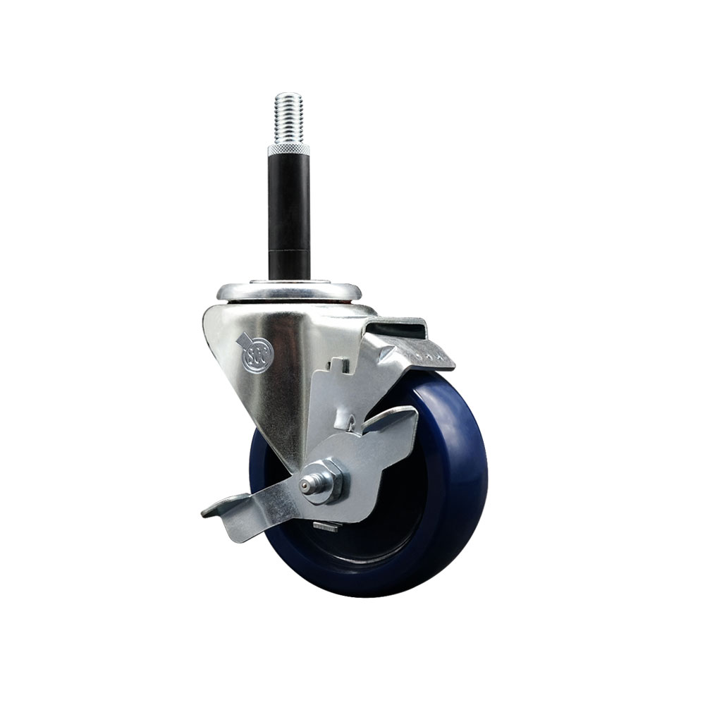 Stainless Steel Solid Polyurethane Expanding Stem Swivel Caster with 3.5 in. Blue Wheel & 0.75 in. Stem & Top Locking Brake