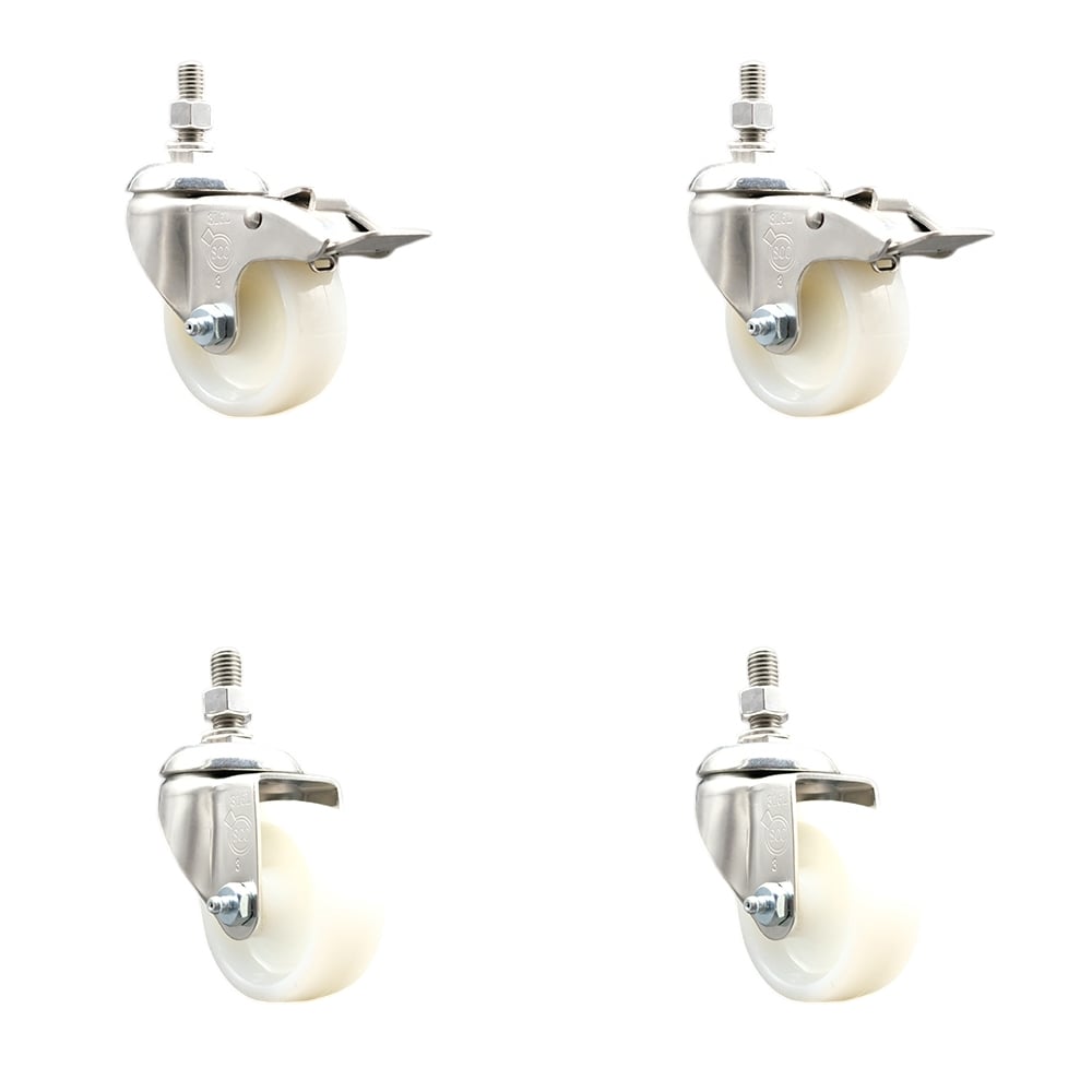 Nylon Swivel Stem Caster with 3 in. Caster Wheels, 10 mm Threaded Stems - 316 Stainless Steel Casters - Set of 4
