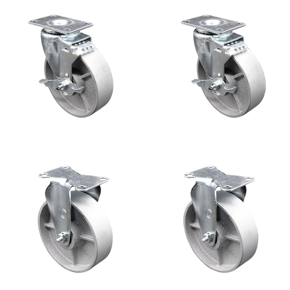 Swivel Caster with 2 Brakes & 2 Rigid, 5 in. Semi Steel Cast Iron Wheel with Roller Bearing - 3.13 x 4.13 in. Overall Top Plate - Set of 4