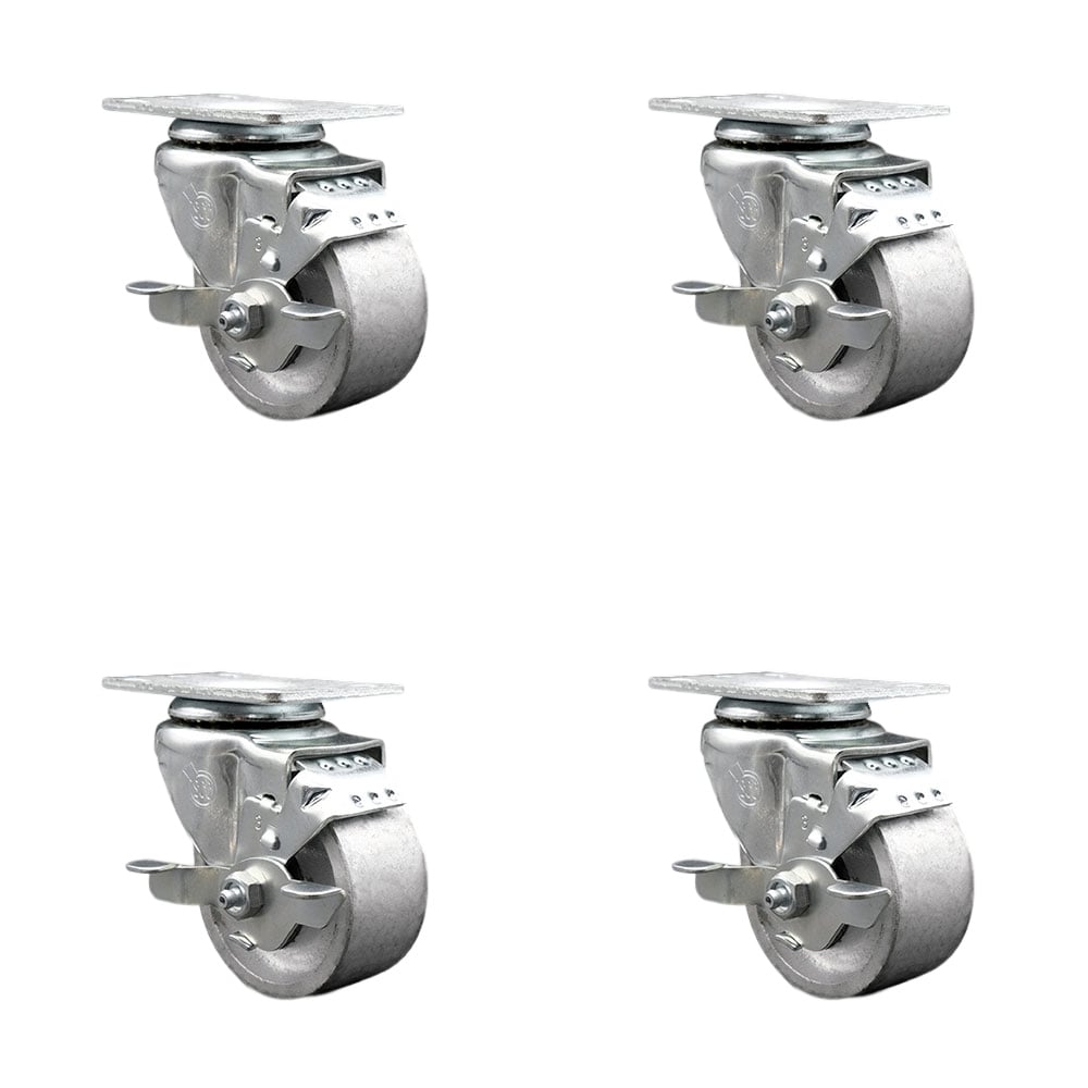 SCC-20S315-SSR-TLB-TP3-4 Swivel Caster with Brakes & 3 in. Semi Steel Cast Iron Wheel with Roller Bearing - 4 x 4.5 in. Overall Top Plate - Set of 4