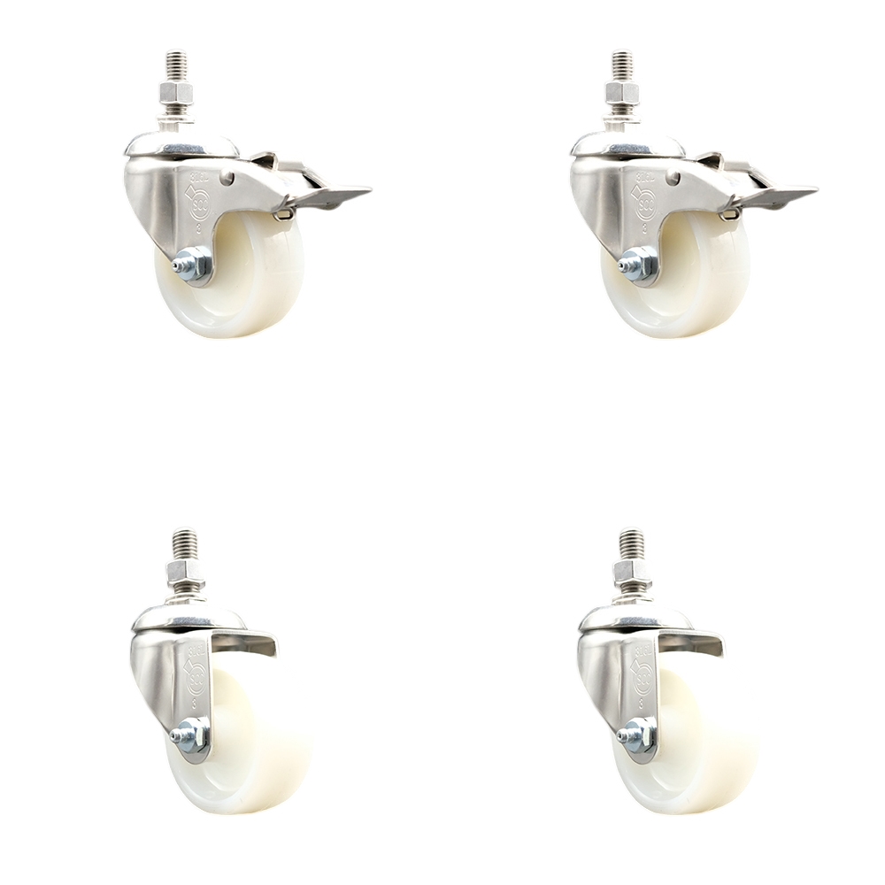 Nylon Swivel Stem Caster with 3 in. Caster Wheels, 12 mm Threaded Stems - 316 Stainless Steel Casters - Set of 4