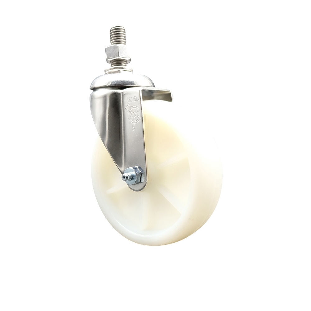 SCC-SS316TS20S514-NYS-M1215 Nylon Swivel Stem Caster with 5 in. White Caster Wheels, 12 mm Threaded Stem - 316 Stainless Steel Caster