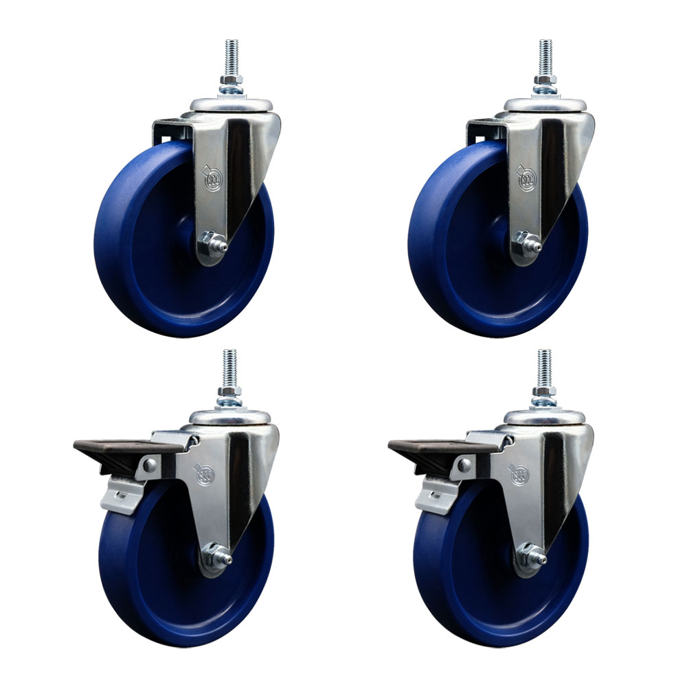 SCC-TS20S514-SPUS-M1215-2-PLB-2 Solid Polyurethane Swivel Threaded Stem Caster with 5 x 1.25 in. Blue Wheels & 12 mm Stems - Set of 4