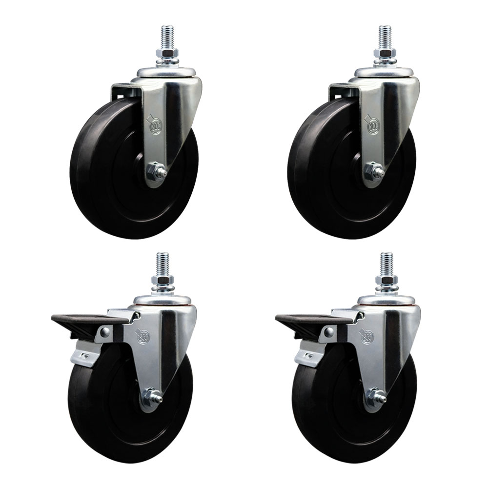 SCC-TS20S514-SRS-121315-2-PLB-2 Soft Rubber Swivel Threaded Stem Caster with 5 x 1.25 in. Black Wheels & 0.5 in. Stems - Set of 4