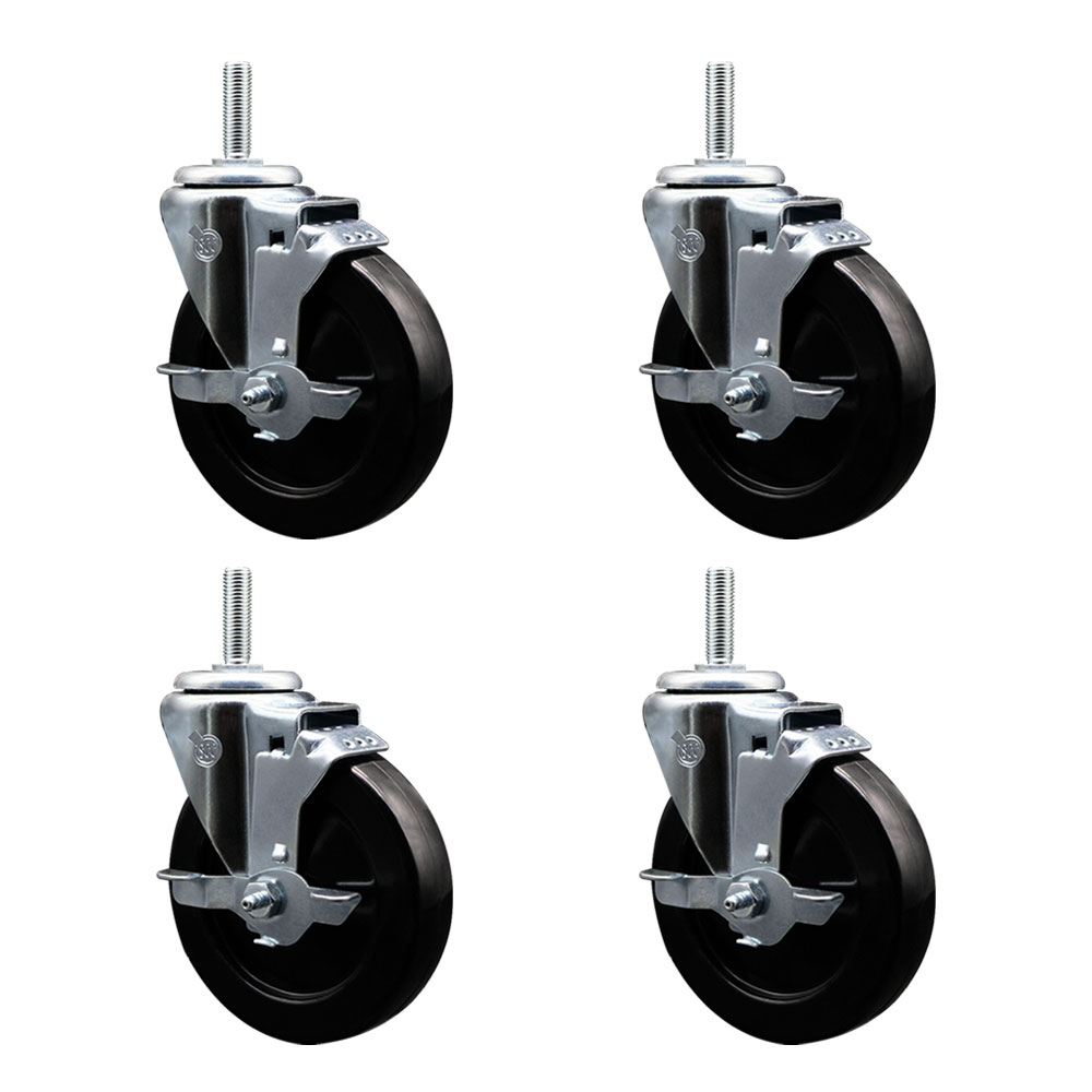 SCC-TS20S514-SRS-TLB-34212-4 Soft Rubber Swivel Threaded Stem Caster with 5 x 1.25 in. Black Wheels & 0.75 in. Stems - Set of 4