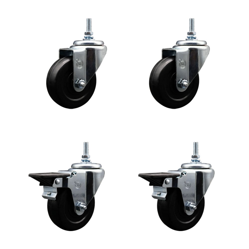 SCC-TS20S3514-SRS-M1215-2-PLB-2 Soft Rubber Swivel Threaded Stem Caster with 3.5 x 1.25 in. Black Wheels & 12 mm Stems - Set of 4