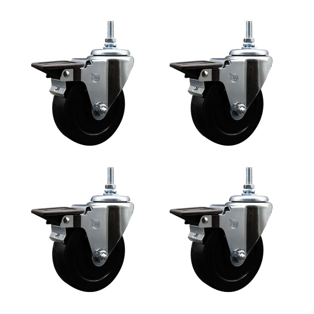SCC-TS20S414-SRS-PLB-M1215-4 Soft Rubber Swivel Threaded Stem Caster with 4 x 1.25 in. Black Wheels & 12 mm Stems - Set of 4