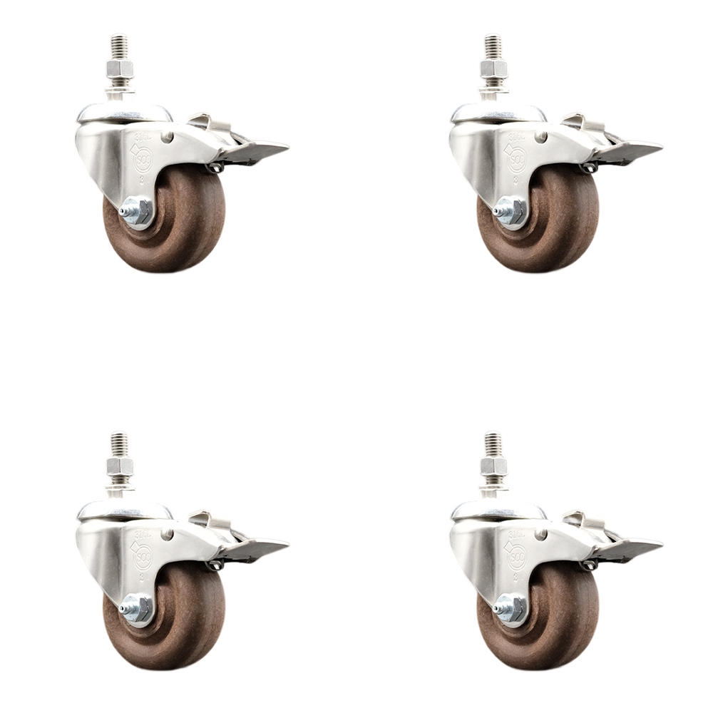 High Temperature Glass Filled Nylon Swivel Stem Caster with 3 in. Caster Wheel, - 316 Stainless Steel Caster - Set of 4