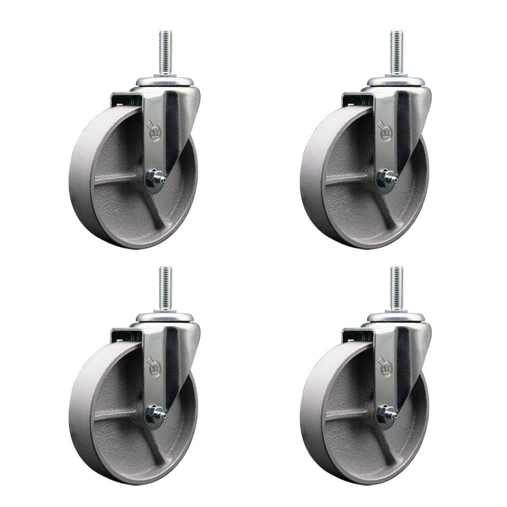 Semi Steel Cast Iron Swivel Threaded Stem Caster with Roller Bearing, 5 x 1.5 in. Silver Wheels & 0.63 in. Stems - Set of 4