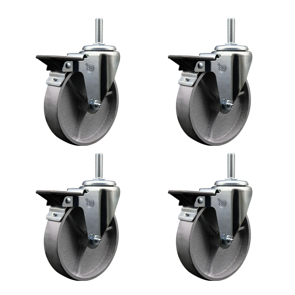 Semi Steel Cast Iron Swivel Threaded Stem Caster with Roller Bearing, 5 x 1.5 in. Silver Wheels & 0.63 in. Stems - Set of 4
