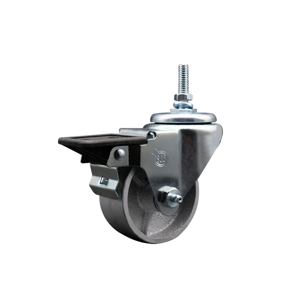 Semi Steel Cast Iron Swivel Threaded Stem Caster with Roller Bearing 3 x 1.25 in. Silver Wheel & 0.38 in. Stem & Posi Locking Brake