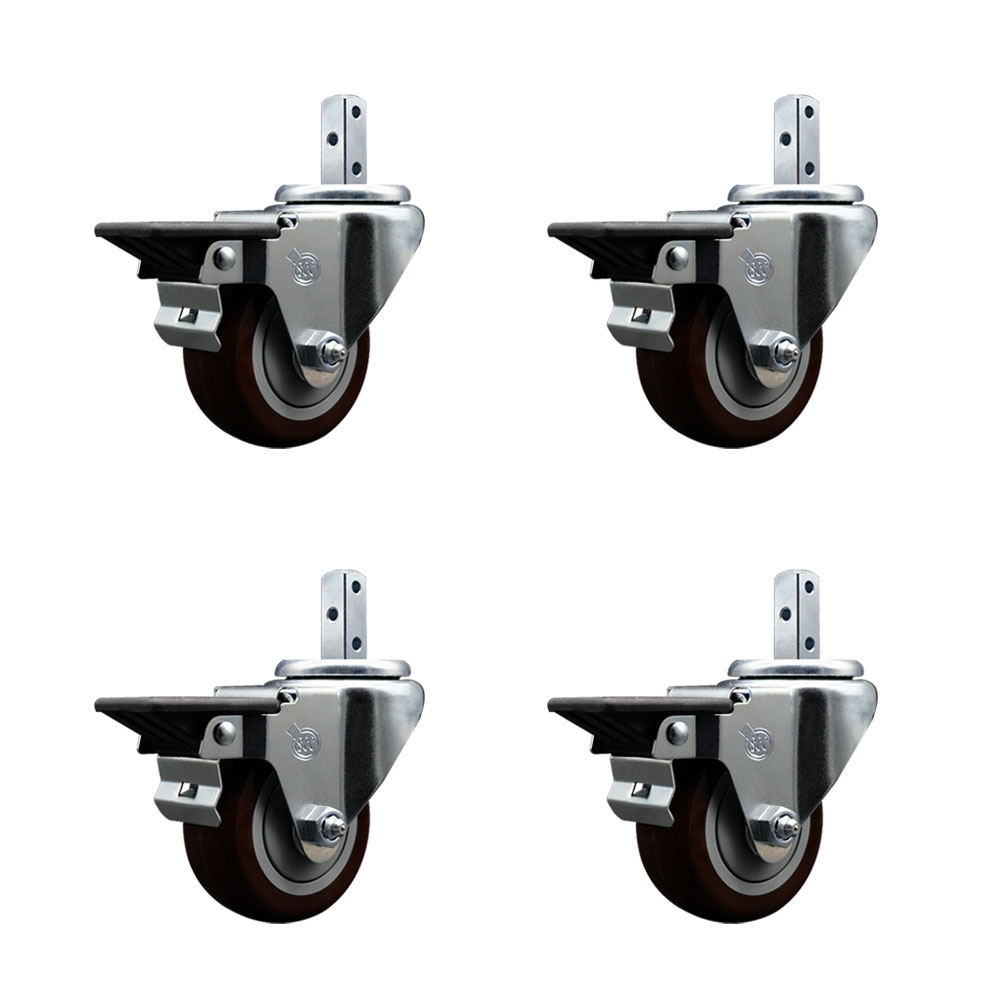 Swivel Square Stem Caster with 3 x 1.25 in. Maroon Poly Wheel, 0.75 x 2 in. Square Stem with 3 0.26 in. Diameter Mounting Holes - Set of 4