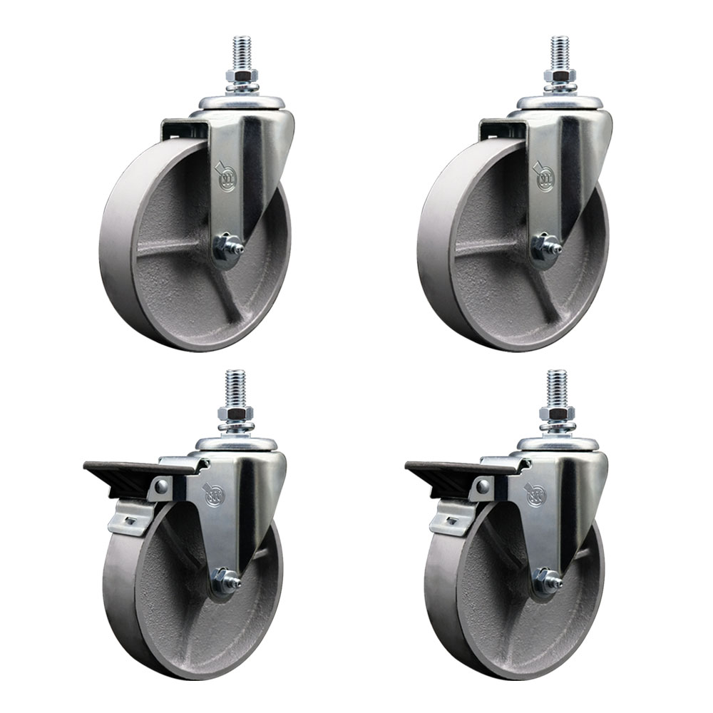 Semi Steel Cast Iron Swivel Threaded Stem Caster with Roller Bearing 5 x 1.25 in. Silver Wheels & 10 mm Stems - Set of 4