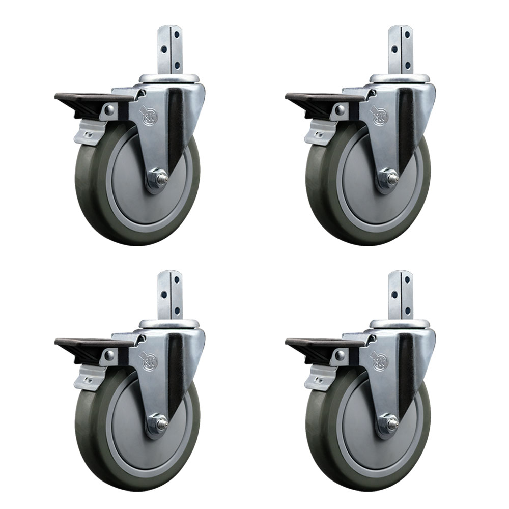 Swivel Square Stem Caster with 5 x 1.25 in. Gray Poly Wheel, 0.87 x 2 in. Square Stem with 3 0.26 in. Diameter Mounting Holes - Set of 4