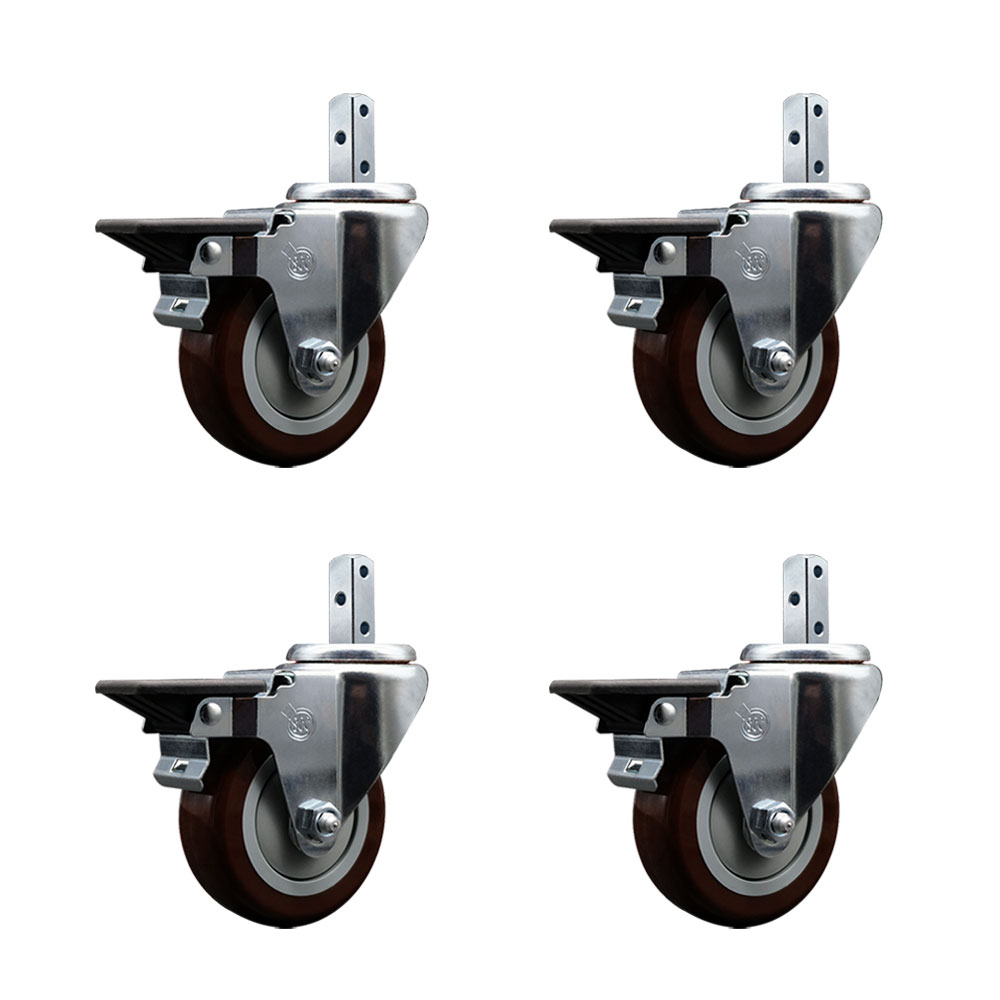 Swivel Square Stem Caster with 3.5 x 1.25 in. Maroon Poly Wheel, 0.75 x 2 in. Square Stem with 3 0.26 in. Diameter Mounting Holes - Set of 4
