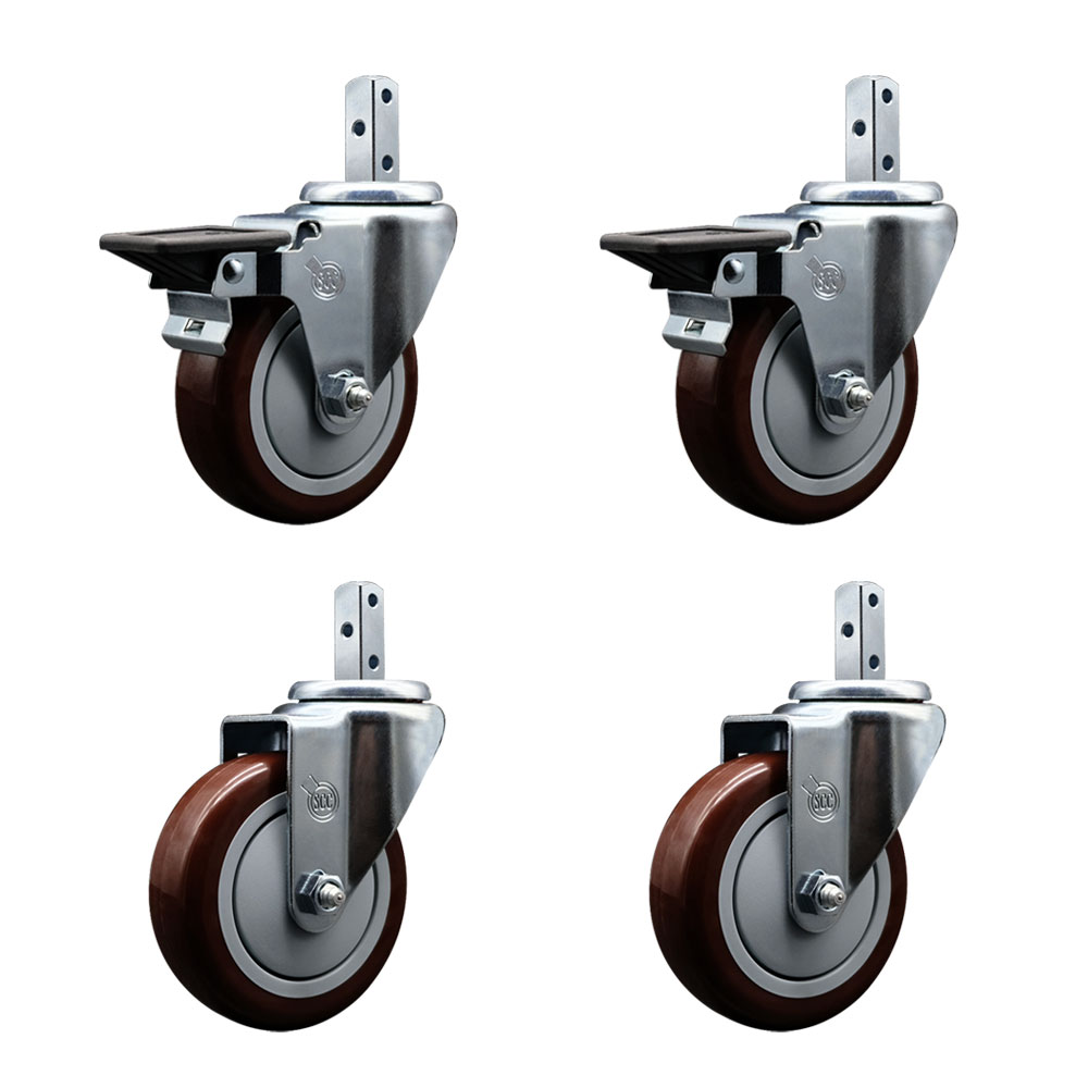 Swivel Square Stem Caster with 4 x 1.25 in. Maroon Poly Wheel, 0.87 x 2 in. Square Stem with 3 0.26 in. Diameter Mounting Holes - Set of 4