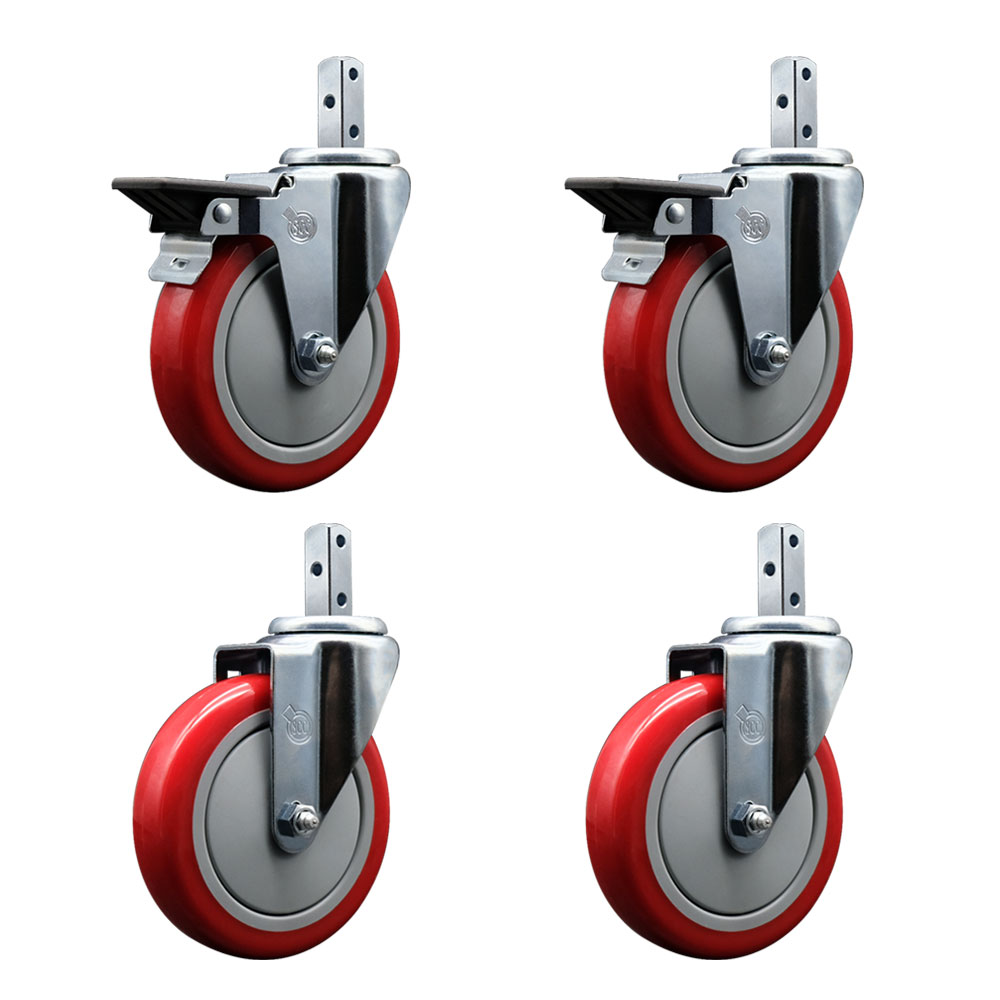 Swivel Square Stem Caster with 5 x 1.25 in. Red Poly Wheel, 0.75 x 2 in. Square Stem with 3 0.26 in. Diameter Mounting Holes - Set of 4
