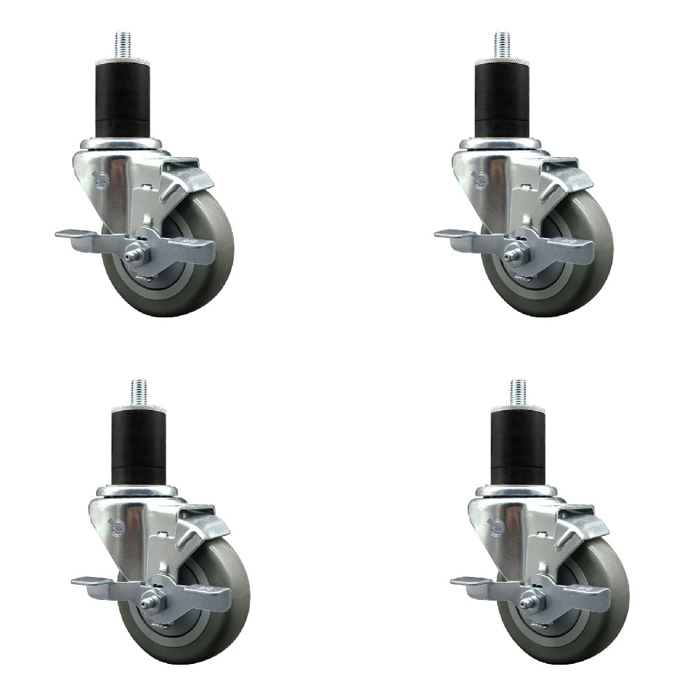 Stainless Steel Polyurethane Swivel Expanding Stem Caster with 3.5 in. Gray Wheels & 1.75 in. Stems 4 Swivel with Top Locking Brakes - Set of 4