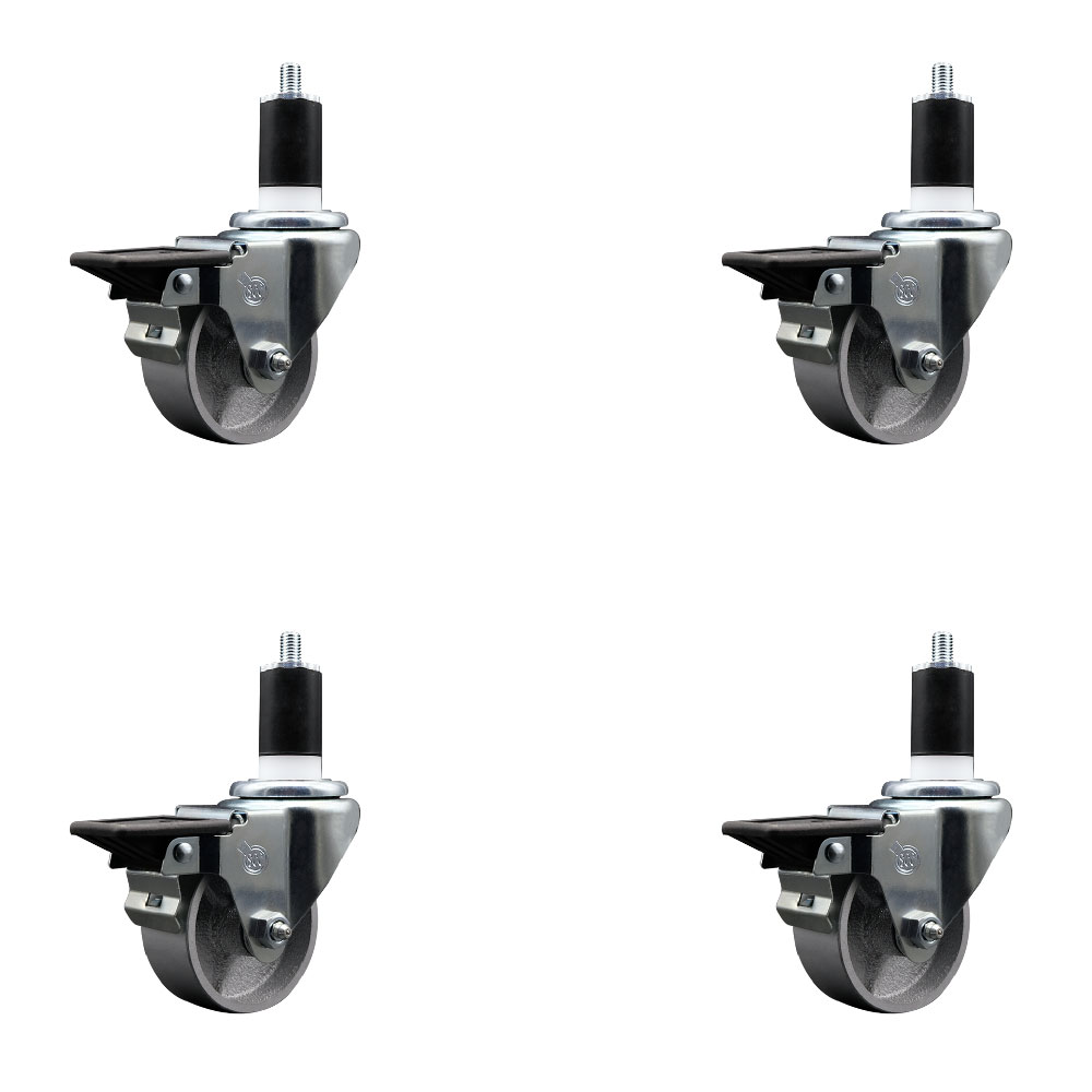 Semi Steel Cast Iron Swivel Expanding Stem Caster with Roller Bearings 3 x 1.5 in. Silver Wheels & 1.5 in. Stems 4 with Posi Lock Brakes - Set of 4