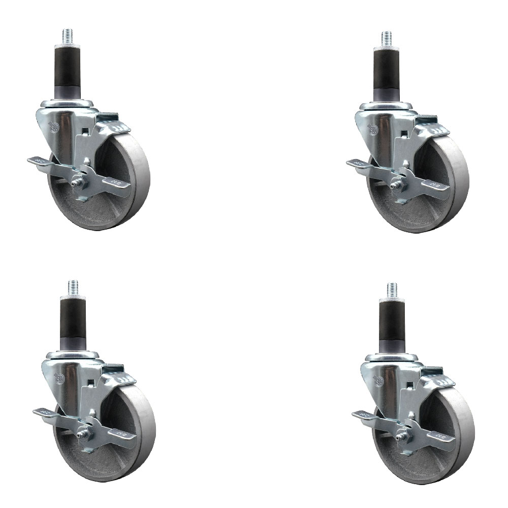 Semi Steel Cast Iron Swivel Expanding Stem Caster with Roller Bearings 4 x 1.5 in. Silver Wheels & 1.25 in. Stems 4 with Top Lock Brakes - Set of 4