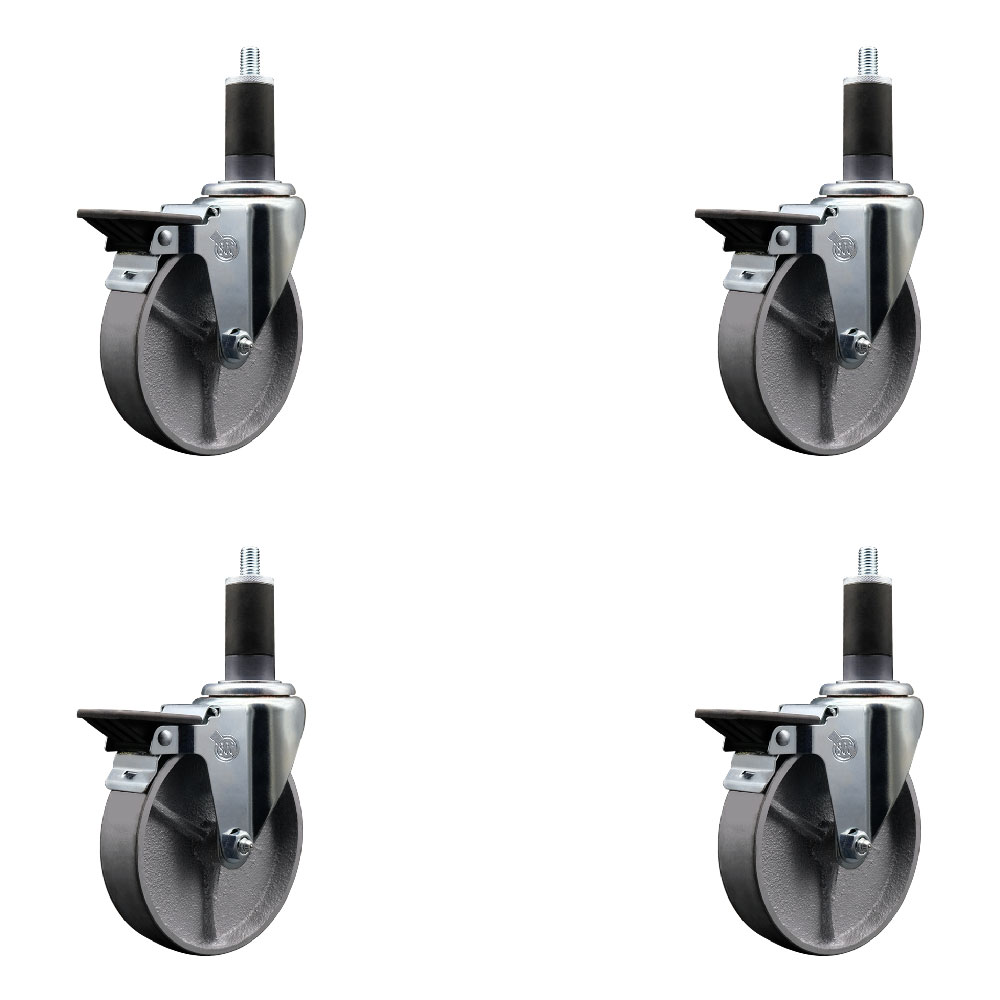 Semi Steel Cast Iron Swivel Expanding Stem Caster with Roller Bearings 5 x 1.5 in. Silver Wheels & 1.25 in. Stems 4 with Posi Lock Brakes - Set of 4