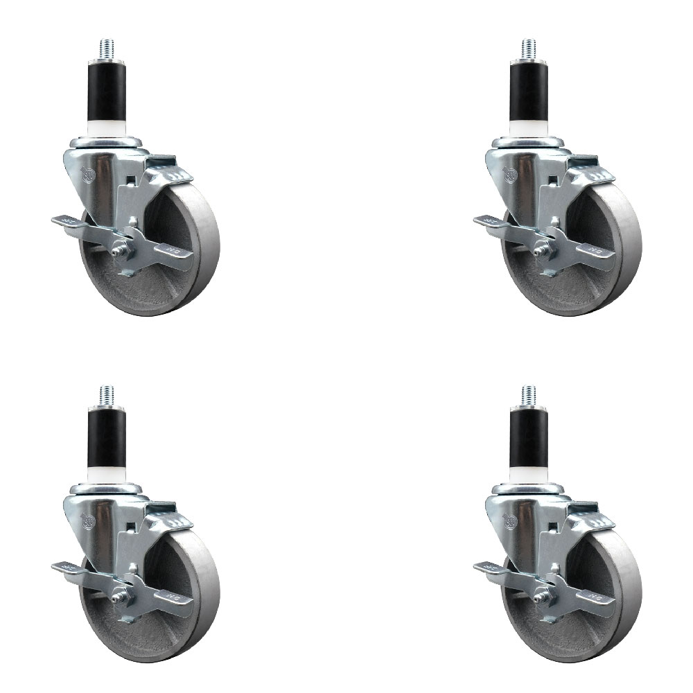 Semi Steel Cast Iron Swivel Expanding Stem Caster with Roller Bearings 4 x 1.5 in. Silver Wheels & 1.38 in. Stems 4 with Top Lock Brakes - Set of 4