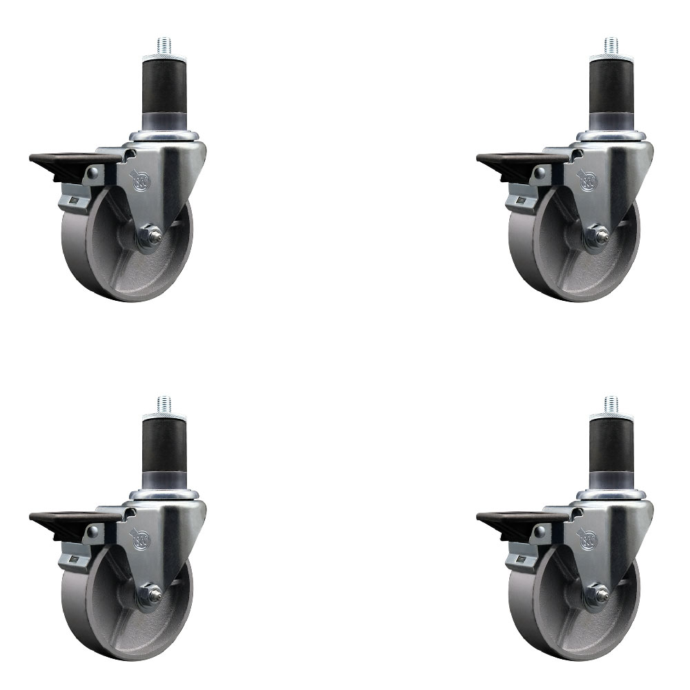 Semi Steel Cast Iron Swivel Expanding Stem Caster with Roller Bearings 4 x 1.5 in. Silver Wheels & 1.63 in. Stems 4 with Posi Lock Brakes - Set of 4