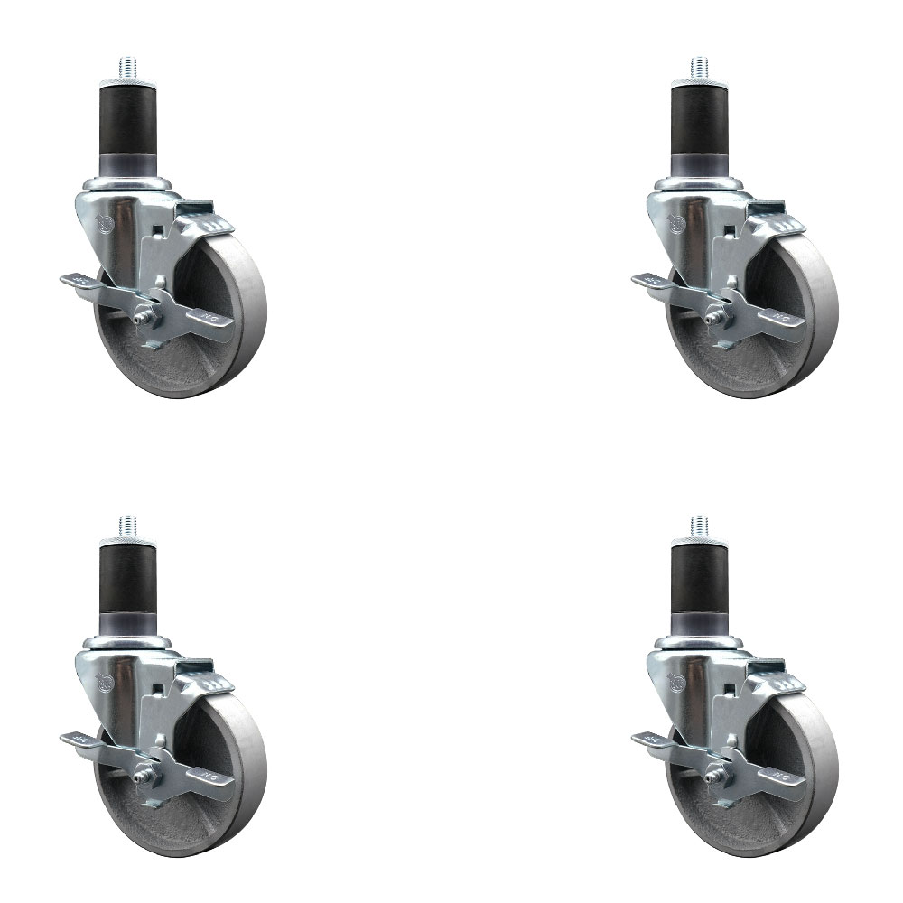 Semi Steel Cast Iron Swivel Expanding Stem Caster with Roller Bearings 4 x 1.5 in. Silver Wheels & 1.63 in. Stems 4 with Top Lock Brakes - Set of 4