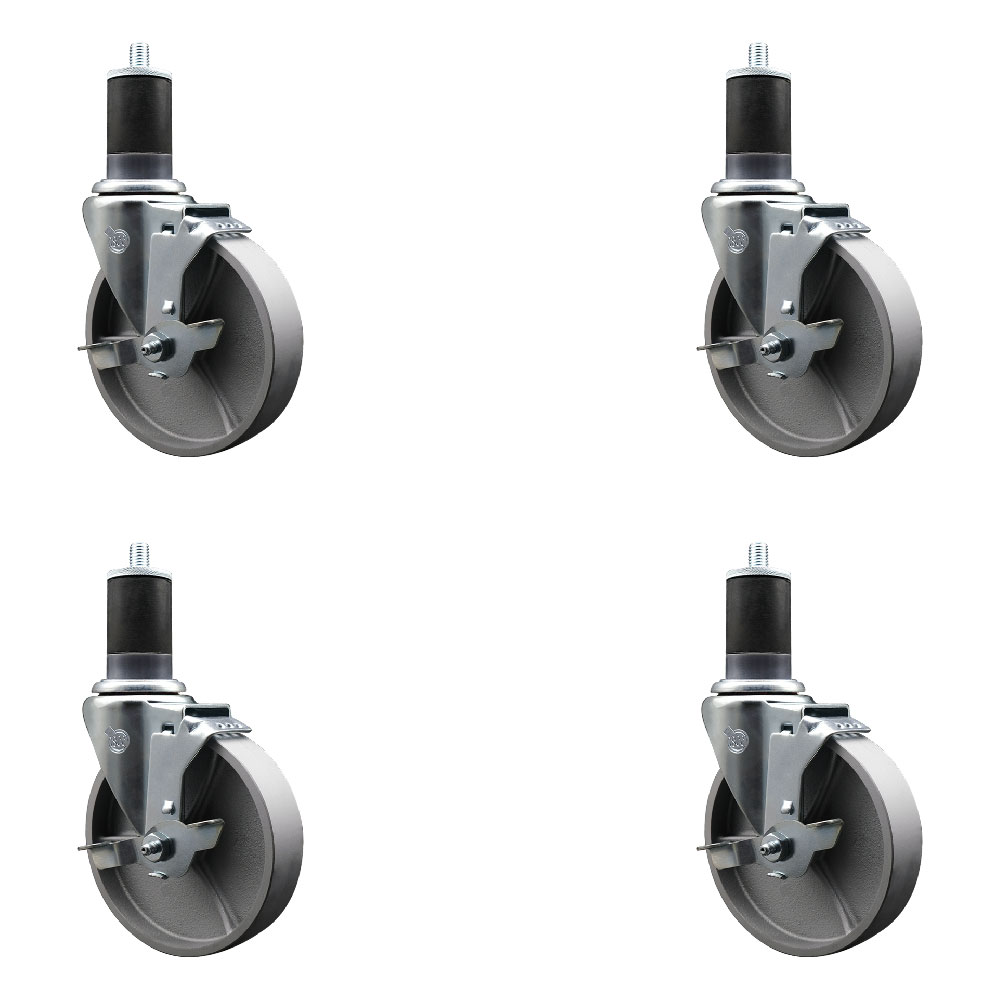 Semi Steel Cast Iron Swivel Expanding Stem Caster with Roller Bearings 5 x 1.5 in. Silver Wheels & 1.63 in. Stems 4 with Top Lock Brakes - Set of 4