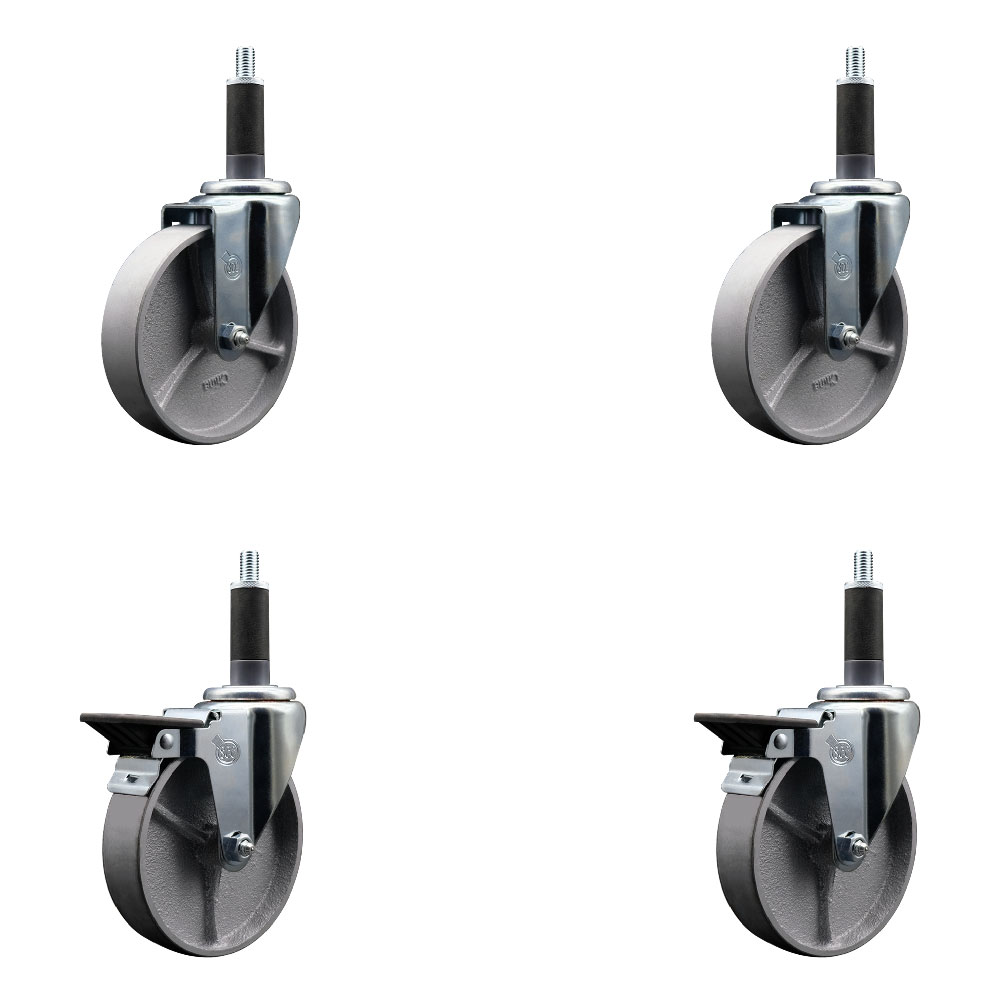 Semi Steel Cast Iron Swivel Expanding Stem Caster with Roller Bearings 5 x 1.5 in. Silver Wheels & 1 in. Stems 2 with Posi Locking Brakes - Set of 4