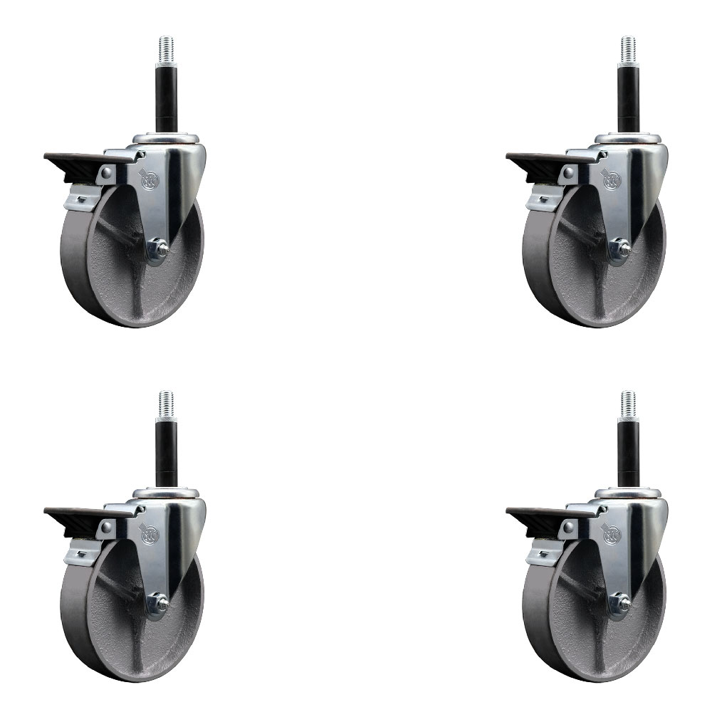 Semi Steel Cast Iron Swivel Expanding Stem Caster with Roller Bearings 5 x 1.5 in. Silver Wheels & 0.75 in. Stems 4 with Posi Lock Brakes - Set of 4