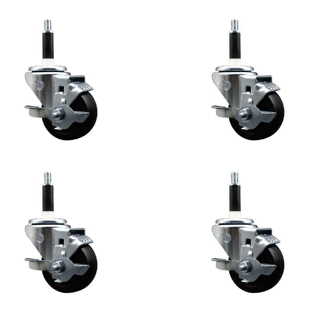Stainless Steel Soft Rubber Swivel Expanding Stem Caster with 3 in. Black Wheels & 0.87 in. Stems, 4 Swivel with Top Locking Brakes - Set of 4