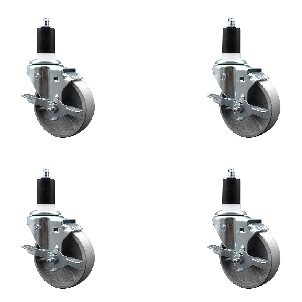 Semi Steel Cast Iron Swivel Expanding Stem Caster with Roller Bearings 4 x 1.5 in. Silver Wheels & 1.5 in. Stems 4 with Top Lock Brakes - Set of 4