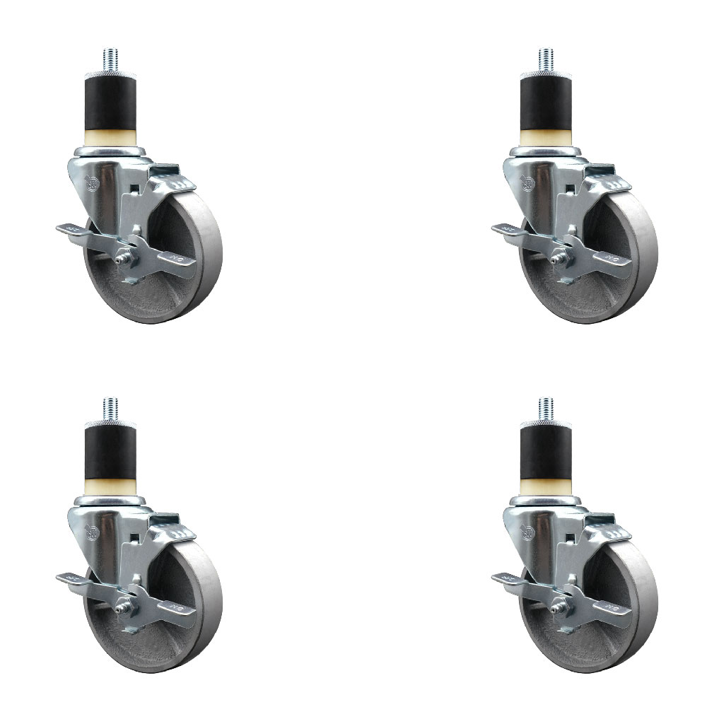 Semi Steel Cast Iron Swivel Expanding Stem Caster with Roller Bearings 4 x 1.5 in. Silver Wheels & 1.87 in. Stems 4 with Top Lock Brakes - Set of 4