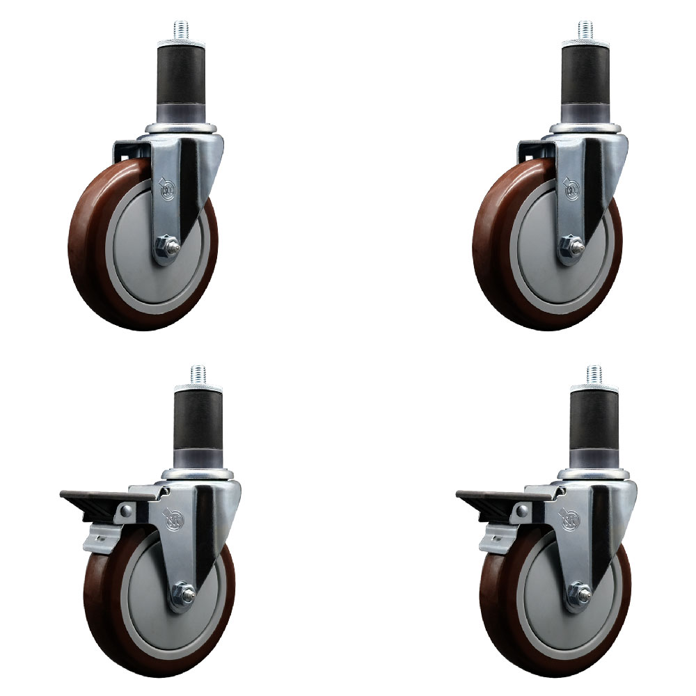 SCC-EX20S514-PPUB-MRN-2-PLB-2-158 Polyurethane Swivel Expanding Stem Caster with 5 in. Maroon Wheels & 1.63 in. Stems - Set of 4