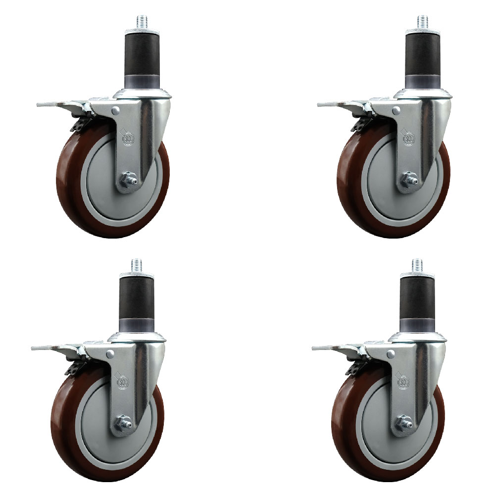 Stainless Steel Polyurethane Swivel Expanding Stem Caster with 5 in. Maroon Wheels & 1.63 in. Stems 4 Swivel with Total Locking Brakes - Set of 4