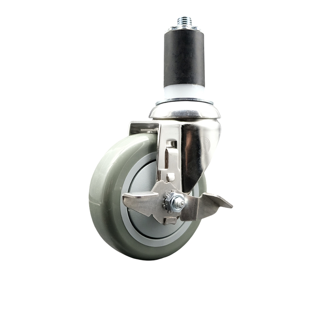 Polyurethane Swivel Stem Caster with 4 in. Gray Caster Wheels & Top Lock Brake, 1.5 in. Expanding Stem - 316 Stainless Steel Caster