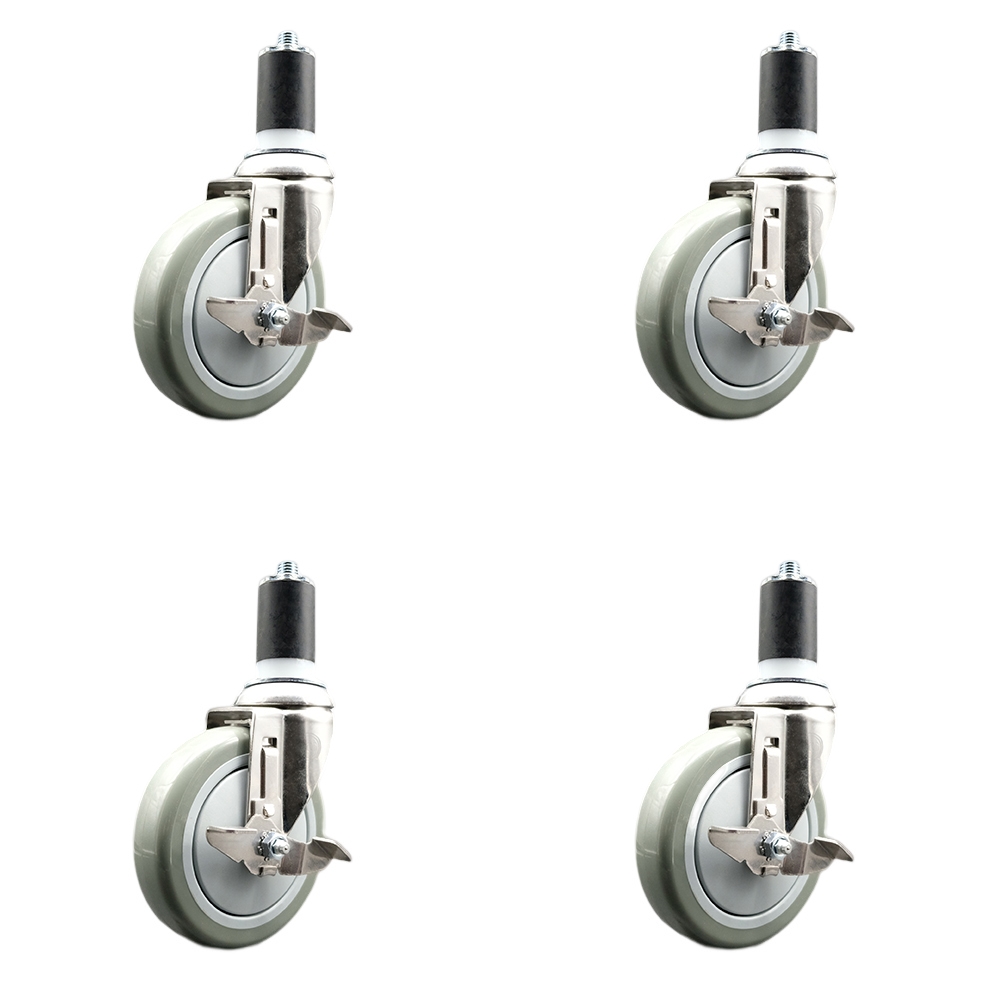 Polyurethane Swivel Stem Caster with 5 in. Gray Caster Wheels, 1.5 in. Expanding Stems - 316 Stainless Steel Casters - Set of 4