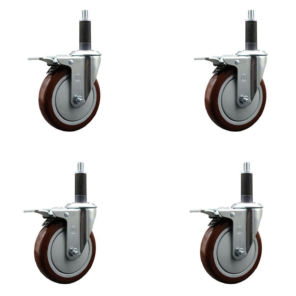 Stainless Steel Polyurethane Swivel Expanding Stem Caster with 5 in. Maroon Wheels & 1 in. Stems 4 Swivel with Total Locking Brakes - Set of 4
