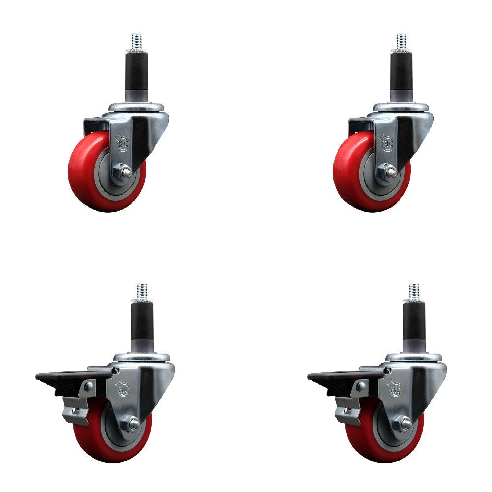 SCC-EX20S314-PPUB-RED-2-PLB-2-118 Polyurethane Swivel Expanding Stem Caster with 3 in. Red Wheels & 1.13 in. Stems - Set of 4