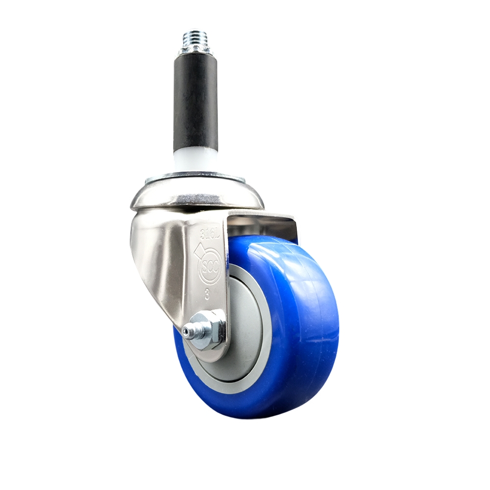 Polyurethane Swivel Stem Caster with 3 in. Blue Caster Wheels, 0.75 in. Expanding Stem - 316 Stainless Steel Caster