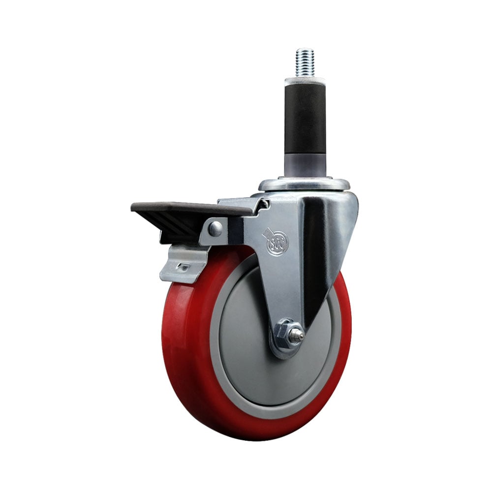SCC-EX20S514-PPUB-RED-PLB-118 Polyurethane Expanding Stem Swivel Caster with 5 in. Red Wheel & 1.13 in. Stem & Posi Locking Brake