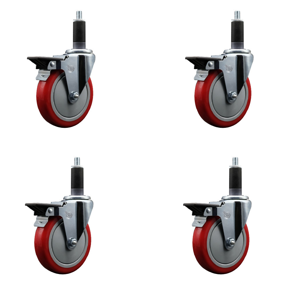 SCC-EX20S514-PPUB-RED-PLB-118-4 Polyurethane Swivel Expanding Stem Caster with 5 in. Red Wheels & 1.13 in. Stems - Set of 4