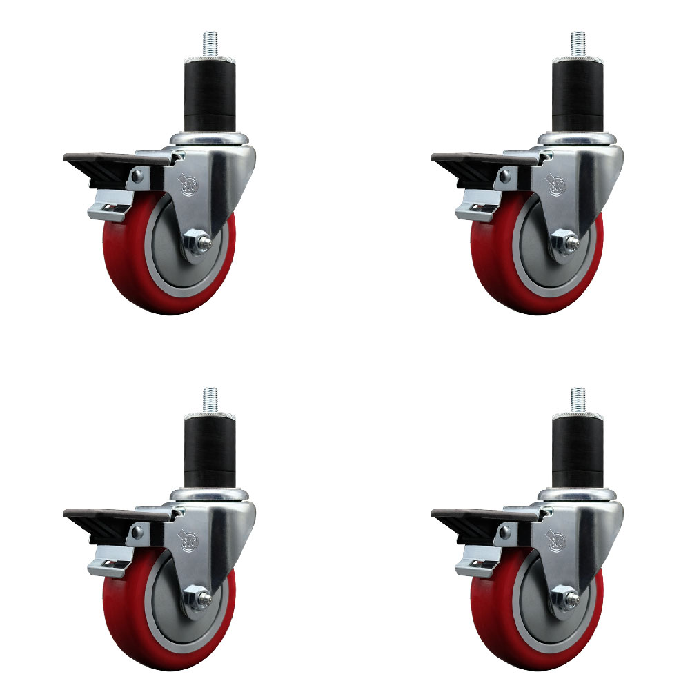 SCC-EX20S414-PPUB-RED-PLB-134-4 Polyurethane Swivel Expanding Stem Caster with 4 in. Red Wheels & 1.75 in. Stems - Set of 4