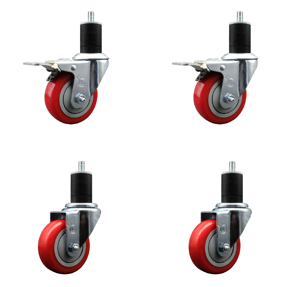 SCC-SSEXTTL20S3514-PPUB-RED-2-S2-134 Stainless Steel Polyurethane Swivel Expanding Stem Caster with 3.5 in. Red Wheels & 1.75 in. Stems - Set of 4