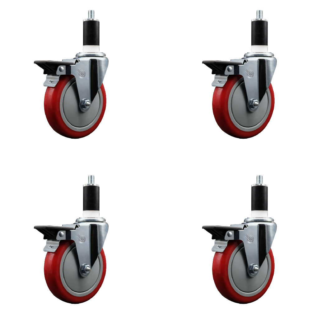 SCC-EX20S514-PPUB-RED-PLB-138-4 Polyurethane Swivel Expanding Stem Caster with 5 in. Red Wheels & 1.38 in. Stems - Set of 4