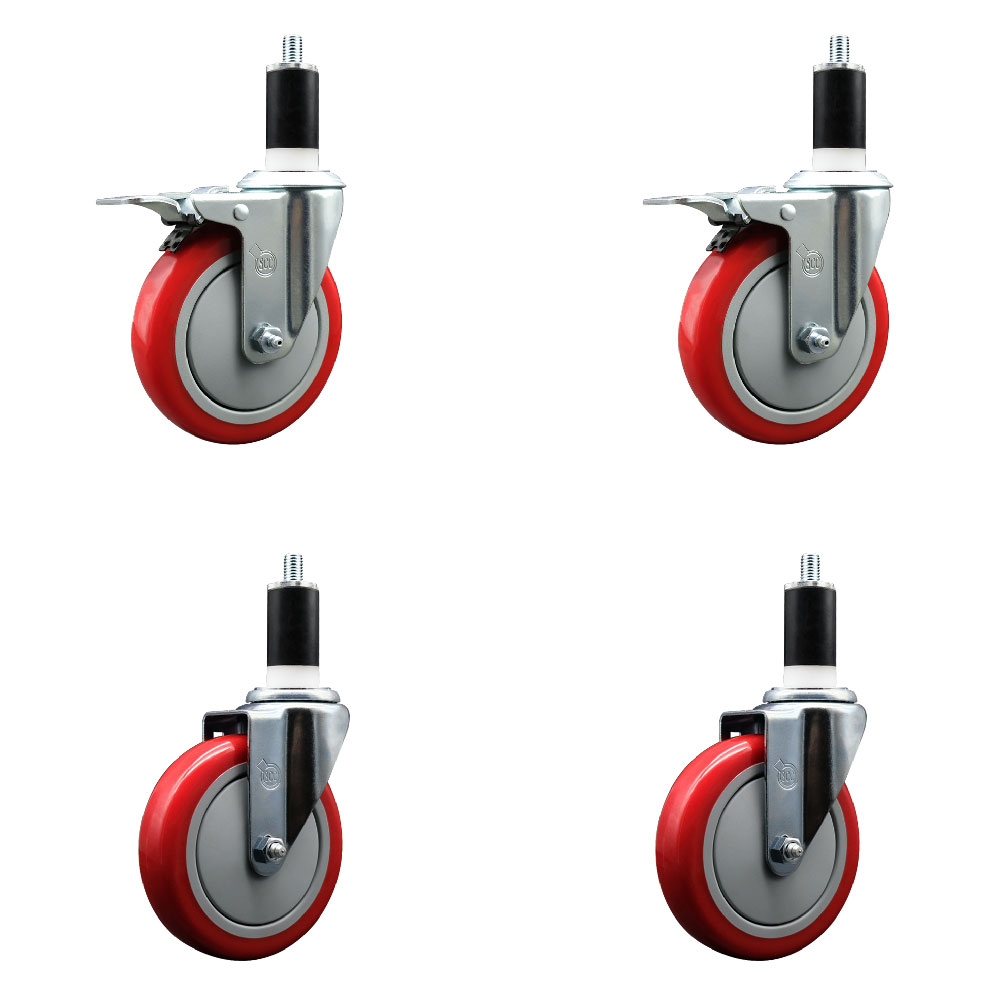 SCC-SSEXTTL20S514-PPUB-RED-2-S-2-138 Stainless Steel Polyurethane Swivel Expanding Stem Caster with 5 in. Red Wheels & 1.38 in. Stems - Set of 4