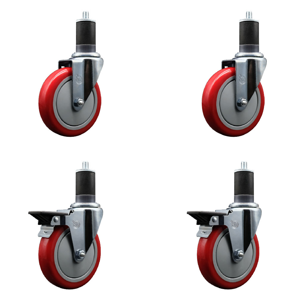 SCC-EX20S514-PPUB-RED-2-PLB-2-158 Polyurethane Swivel Expanding Stem Caster with 5 in. Red Wheels & 1.63 in. Stems - Set of 4