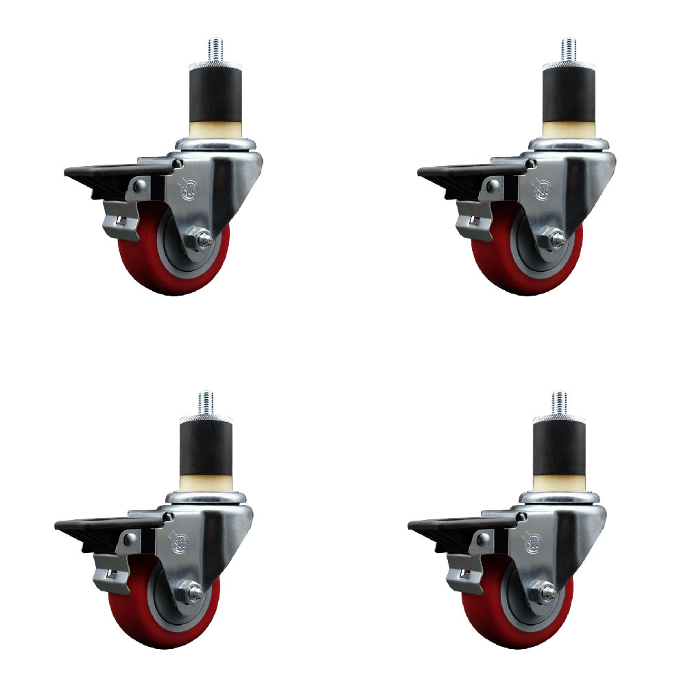 SCC-EX20S314-PPUB-RED-PLB-178-4 Polyurethane Swivel Expanding Stem Caster with 3 in. Red Wheels & 1.87 in. Stems - Set of 4